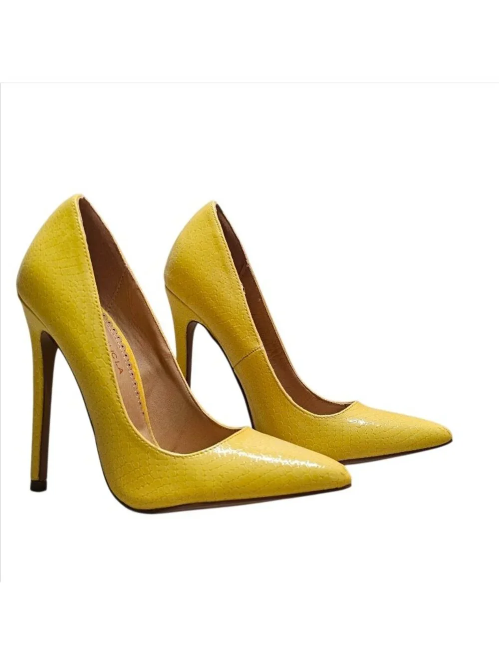 Yellow High Heel Pumps With Faux Snakeskin Texture & Pointed Toe Design